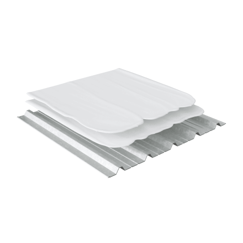 Roofing material layers in GAF Unisil coatings over metal substrates