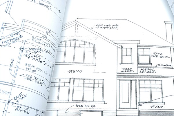 Architectural rendering of new construction home with roofing diagrams
