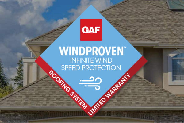 WindProven Infinite Wind Speed Protection diamond in front of home with GAF roof
