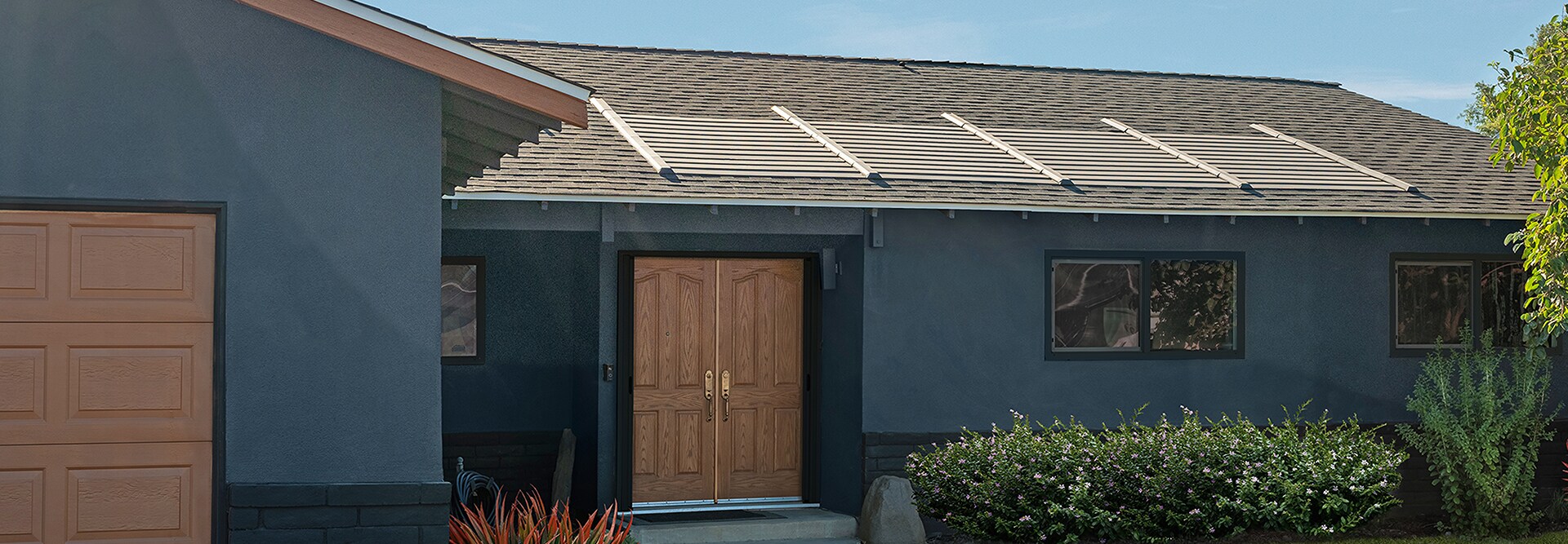 House built with GAF Energy Timberline Solar Roofing shingles. 