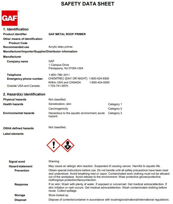 GAF Metal Roof Primer SDS - 3087